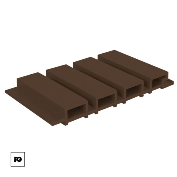 Five brown hollow plastic channel segments aligned in a row.